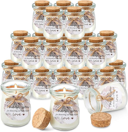 Threlaco 20 Pcs Boho Baby Shower Favors Party Candle Lavender Scented Glass Mason Jar Wax Candle Bulk for Guests Girl Boy Gender Reveal Party Gifts(Khaki)