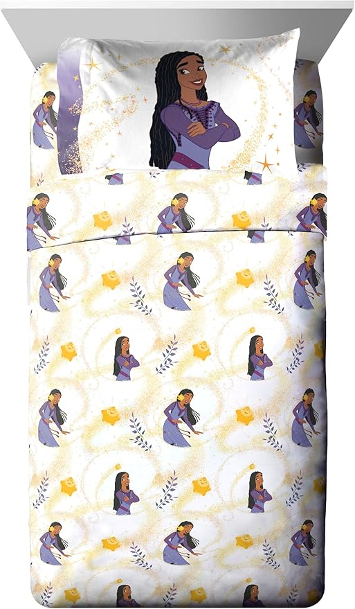 Disney Wish Full Comforter Set - 7 Piece Bed Set Includes Sheet Set & Pillow Covers - Super Soft Kids Bedding Features Asha, Valentino & Star