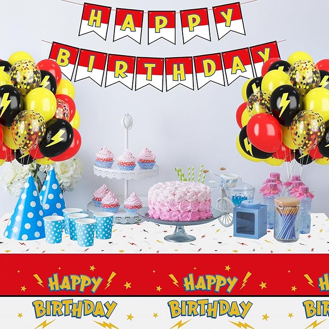 3 Pack Red White Birthday Tablecloth Party Decorations, Lightning Bolts Plastic Table Cloth, Disposable Cartoon Table Cover for Kids Birthday Baby Shower Party Supplies Decorations, 54” x 108”