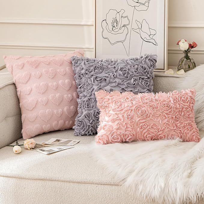 MIULEE Decorative Rose Flower Pillow Cover Pack of 1 Peach Pink 12x20 Inch | Cute Romantic Stereo Chiffon Throw Pillow Cover Aesthetic Solid Pillowcase for Girl Coquette Room Decor Coach Bedroom