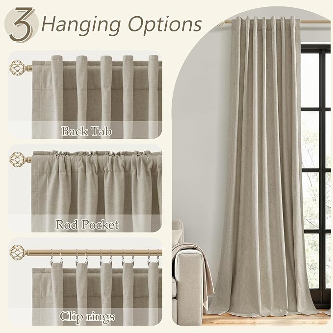 Extra Long 100% Blackout Linen Curtains for Bedroom 102 inches Long, Thermal Insulated Room Darkening Black Out Window Drapes for Living Room, Back Tab Rod Pocket 2 Panels Set,Stone Beige,52x102