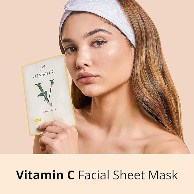 Rael Vitamin C Face Masks – Brighten + Glow with Pomegranate and Citrus Fruit Extract, All Skin Types, Korean Skin Care (5 Count)