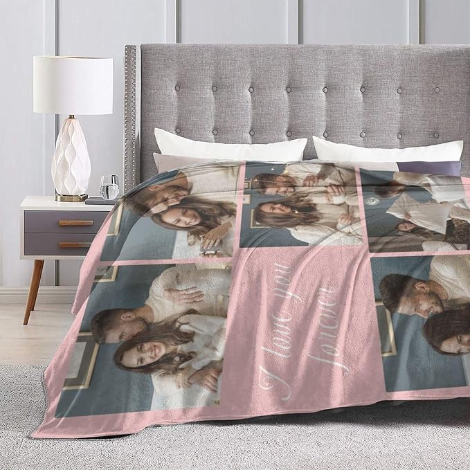 Custom Blanket with Picture Text, Personalized 5 Photo Blanket, HD Printing Customized Flannel Throw Blanket Gifts for Mom Dad Couple Girlfriend Boyfriend Wife Husband Christmas