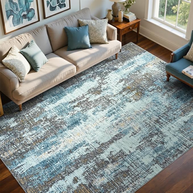 8x10 Ft Large Area Rugs for Living Room, Soft Non-Slip Washable Rugs Modern Abstract Pattern Carpet for Bedroom Indoor Floor Nursery Home Decor (Blue)