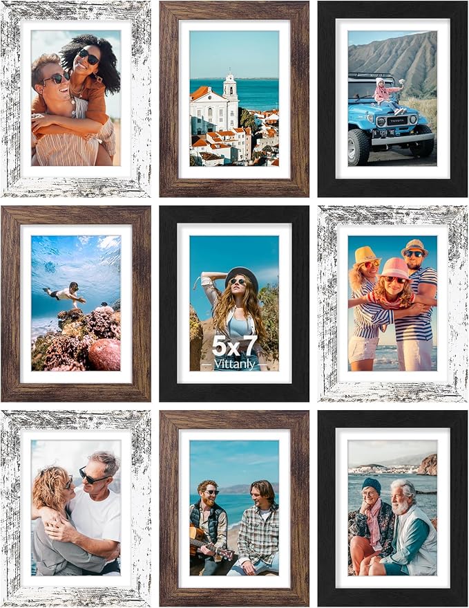 Vittanly 5x7 Picture Frames Set of 9, Black&Brown&Distressed White | Display Pictures 4x6 with Mat or 5x7 without Mat, Small Photo Frames, Engineered Wood with Shatter Resistant Plexiglass