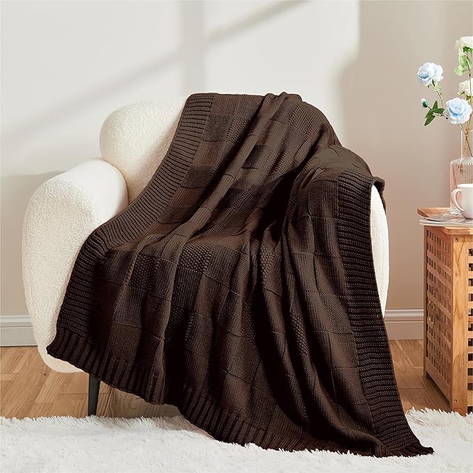 CozeCube Dark Brown Knitted Checkered Throw Blanket 60"X80" | Check Knit Throw for Couch, Decorative Christmas Soft Cozy Warm Blanket for Bed Sofa Living Room