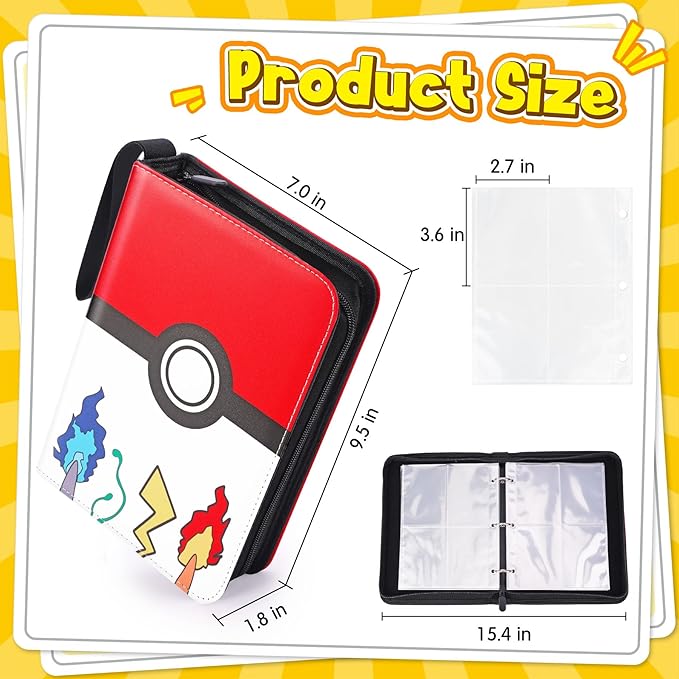 Card Binder – 4 Pocket Zipper Collection Album, Premium PU Holder, Double-Sided Display for 400 Cards, Includes 5 Hard Plastic Sleeves for Game Cards, Sports Cards（Cartoon Stickers）