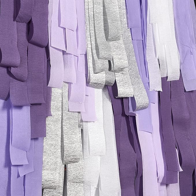 PartyWoo Crepe Paper Streamers 6 Rolls 492ft, Pack of Metallic Silver, Light Purple, Lilac, Lavender Purple, White Crepe Paper for Birthday Decorations, Baby Shower Decorations (1.8 Inch x 82 Ft/Roll)