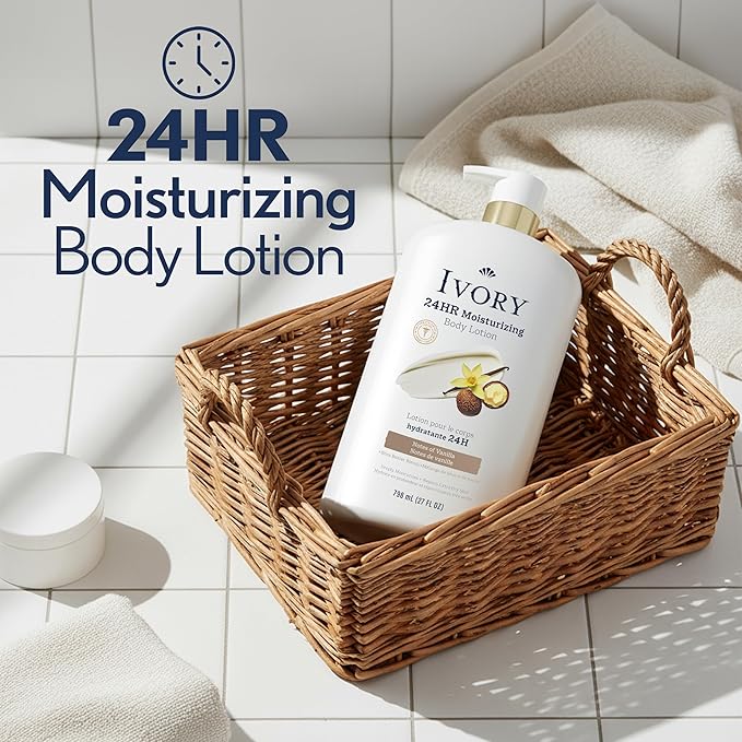 Ivory Hand & Body Lotion + Body Wash Bundle, Vanilla Scent, 24hr Moisturizing & Nourishing Hydration, Repairs and Soothes Extra Dry & Itchy Skin, Made with Shea Butter Blend, 27 fl oz (Pack of 2)