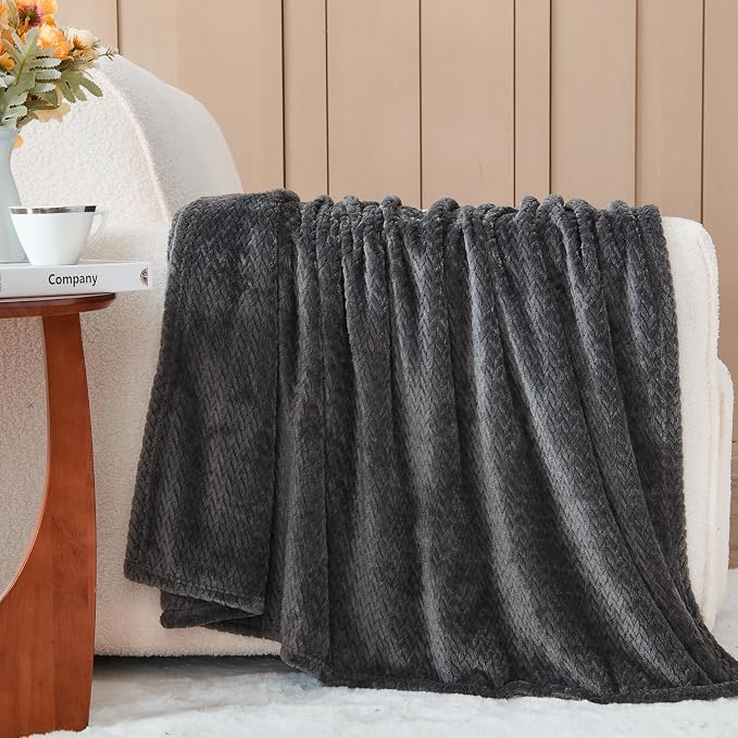 NEWCOSPLAY Fleece Leaves Pattern Twin Blanket, Dark Grey, 60"x80" | Super Soft Throw Blanket, Lightweight Cozy Bed Sofa Blanket, Premium Silky Flannel Fleece, Travel Blanket for All Season Use