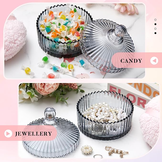 Tioncy 2 Pcs Extra Large Dusting Powder Puff and Container for Women-6'' Glass Crystal Dusting Powder Container with Body Soft Washable Reusable Velour Face(Gray,Classic)