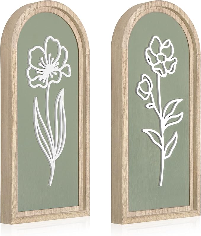 Sage Green 3D Wooden Floral Wall Art Set of 2, Arched Bathroom Wall Decor | Raised white floral cutouts in arched wood frames; ready-to-hang boho botanical decor for bedrooms, hallways and entryways