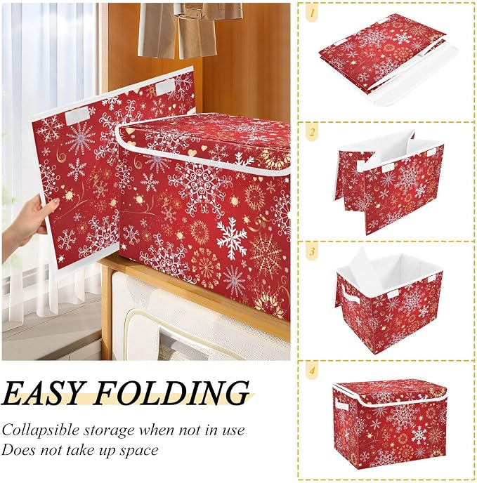 Christmas Snowflakes Storage Bins with Lids and Carrying Handle,Foldable Storage Boxes Organizer Containers Baskets Cube with Cover for Home Bedroom Closet Office