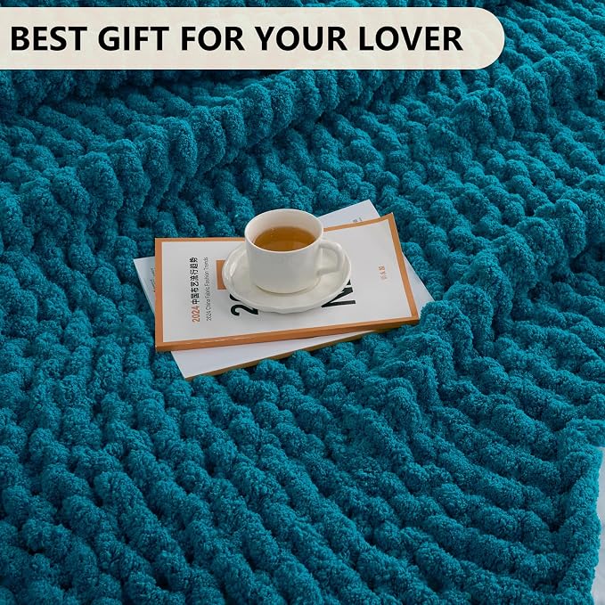 L'AGRATY Chunky Knit Throw Blanket for Couch, 60'' x 80'' Knit Throw, Teal | Handmade Chenille Crochet Blanket for Sofa Bed, Thick Cable Knitted Blankets for Room Home Decor, Birthday Gift for Women Mom