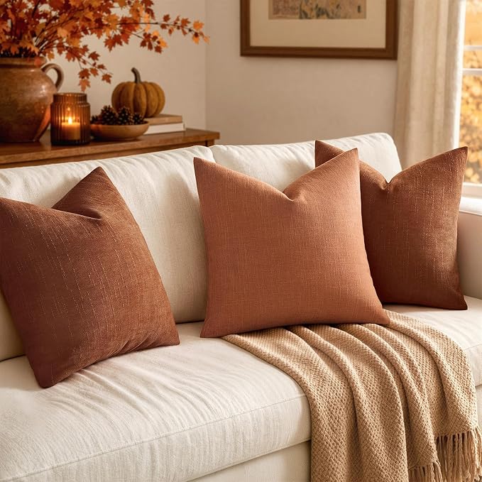 MIULEE Pack of 2 Decorative Linen Burlap Textured Pillow Covers Fall Farmhouse Boho Accent Pillowcases for Sofa Car Couch Bedroom Living Room Decor 18x18 Inch Rust