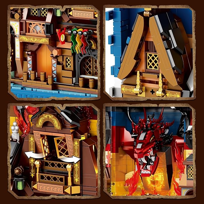Shire Booknook Building Set with Light, H.obbit-Themed DIY Bookend Building Block Kit for Adults, Medieval Dragon Book Nook 3398PCS, Bookshelf Home Decor for Kids Boys Girls Age 14+