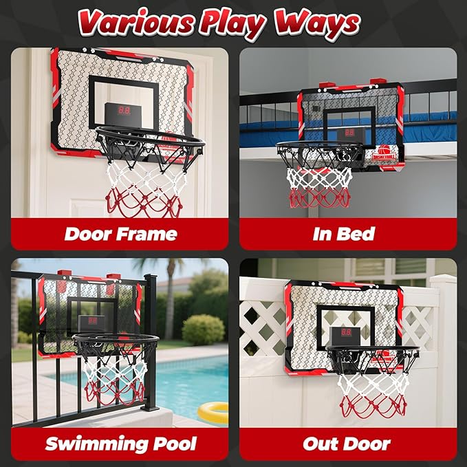 EagleStone Mini Indoor Basketball Hoop with Scoreboard,4 Balls & Pump,Over The Door Bedroom Office Basketball Hoop for 6 7 8 9 10 11 12+ Year Old Kids Boys