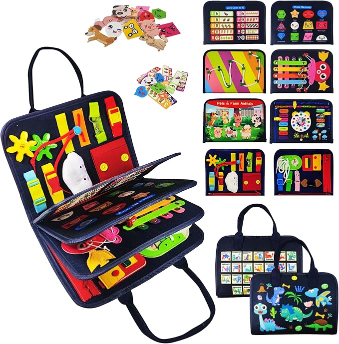TenFans Busy Board - Montessori Toys for 1 2 3 4 Year Old - Sensory Toys for Toddlers 1-4 - Gifts for Boys Learning Fine Motor Skills - Educational Activities Travel Toys for Car Airplane