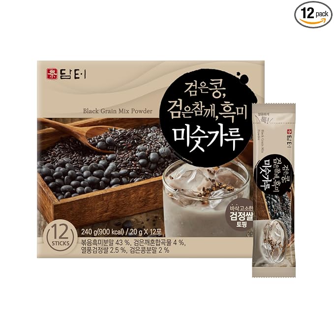 Damtuh Misugaru Powder Drink Mix – Korean Black Grain Blend with Roasted Black Rice, Bean & Sesame, Latte-Style Drink, Caffeine-Free, 20g x 12 Stick Packs