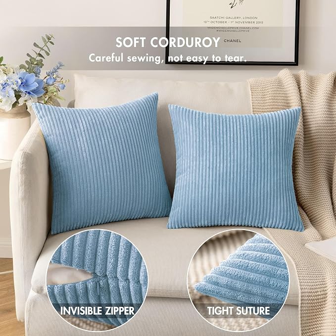 MIULEE Decorative Corduroy Throw Pillow Covers Set of 2 18x18 Light Blue | Soft Striped Textured Cushion Cases, Boho Energetic Vibe Pillowcases for Home Decor, for Couch Chair Sofa Bed Living Room