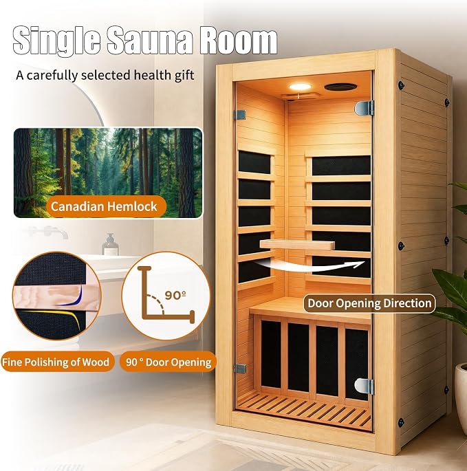 Infrared Sauna 1 Person Far Infrared Sauna Indoor Home Dry Sauna | Wood Low EMF for Home Gym Spa with Speakers & 10 Color Lights for Women Men Elder Compact Size 32.3 * 28.3 * 61.4"