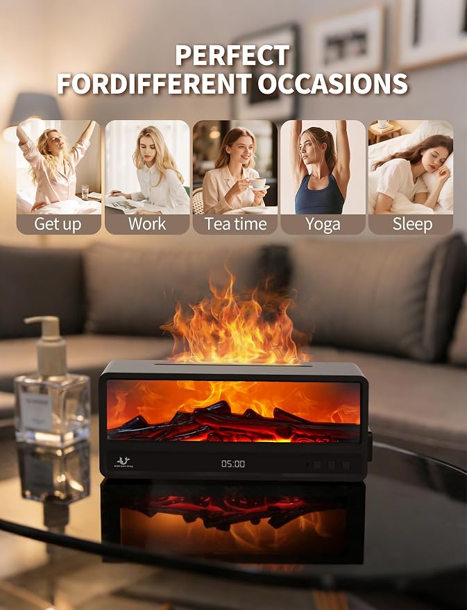 Essential Oil Diffuser for Bedroom, 250ml Aromatherapy Diffuser with Flame Effect, Remote Control, 7 Color LED Lights, Quiet Mist for Home Office and Living Room (Black)