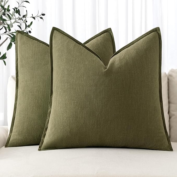 MIULEE Decorative Linen Pillow Covers 20x20 Inch Green | Boho Farmhouse Neutral Couch Throw Pillows for Bed, Pack of 2 Accent Modern Pillowcases, Sofa Livingroom Home Decor