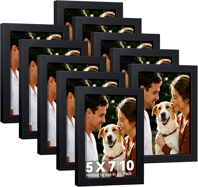 HappyHapi 5x7 Picture Frames Set of 10, Wall or Tabletop Display, Black | Black Picture Frames 5x7 Display Photos 4x6 with Mat or 5x7 Without, Gallery Wall Frame Set, Modern Classic Home Decor