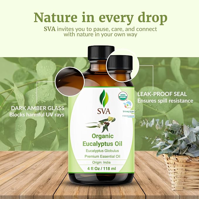 SVA Organic Eucalyptus Essential Oil with Dropper, 4 Fl Oz (118 mL) | Organic Eucalyptus Oil for Diffuser, Humidifier, Spa, Sauna, Hair, Skin, Massage, Soap Making, Candle Making & DIY Projects