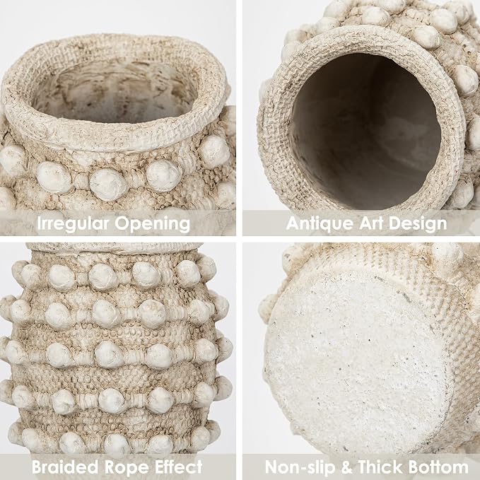 Rustic Farmhouse Vase, Boho Beige Vase for Pampas Grass Small Textured Knotted Vases for Flowers Decorative Cement Floral Vases for Home Decor, Living Room, Dining Table