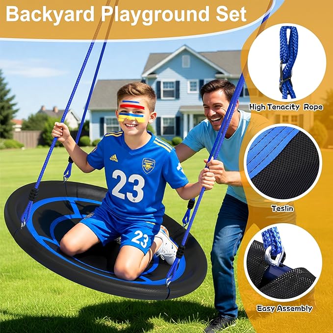 Heavy Duty Swing Set for Kids Ages 3-8 - 600 lbs Capacity Outdoor Metal A-Frame Playset, 3-in-1 Backyard Playground Equipment with 2 Blow Molded Belt Swings and 32" Saucer Swing