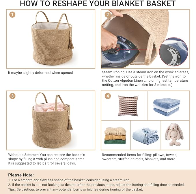 Mkono Woven Storage Basket for Blanket, Toys Plant Organizer, 22"W x 13.8"L | Brown, Jute, Decorative Basket with Handle, Wood Beads Tassel, Shoes Towel Clothes Storage Bin, Living Room Bedroom Nursery