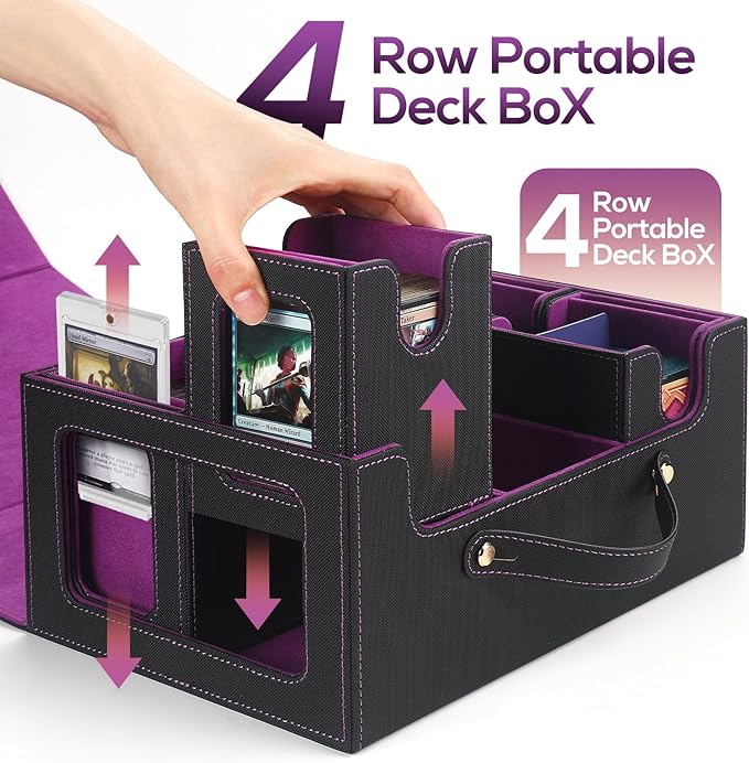Trading Card Storage Box for MTG, MTG commander deck box，Multi-purpose Deck Case for MTG TCG Sports Card, 4 Toploaders, 4 Stoppers, 4 Colorful Dividers (Black & Purple)