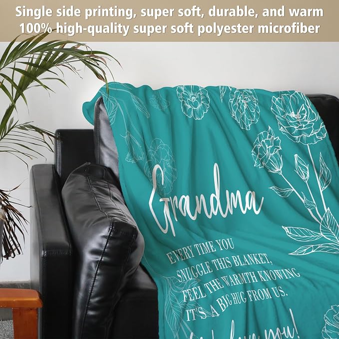 GiltGlimmer Grandma Gifts, Grandma Floral Blanket 50" x 60", Teal | Birthday Gifts for Grandma from Grandkids, to My Grandmother Soft Flannel Throw Blanket for Christmas Mothers Day