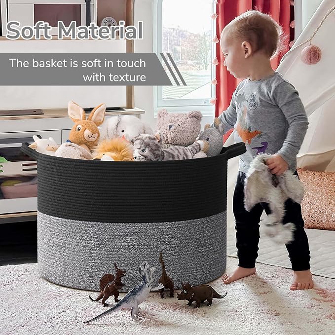 INDRESSME 115L Extra Large Woven Rope Blanket Basket Living Room Black Grey | 23.6" x 15.7" Storage baskets for toys laundry & pillows. Fits living room, bedroom or nursery décor. Soft-touch with handles