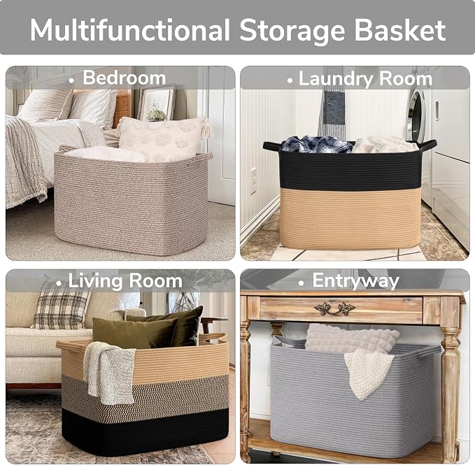 Goodpick 105L Extra Large Woven Rope Blanket Basket, Rectangle, Gray | 25'' x 16'' x 16'' Storage Basket for Blankets, Pillows & Clothes, Living Room & Bedroom Organization, Reinforced Handles