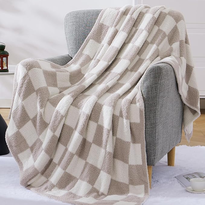 Soft Checkered Throw Blanket for Couch-Cozy Warm Knitted Blankets | Lightweight Warm Fluffy Decor for Women, Mom, Her & Girls, Sofa, Chair, Bed, 50x70in, Taupe