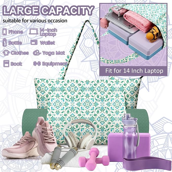 Yoga Bag for Women, Large Canvas Yoga Mat Tote Bag with Yoga Mat Carrier - Large Mat Pocket Fitness Tote for Pilates, Gym, Travel, Office & Beach