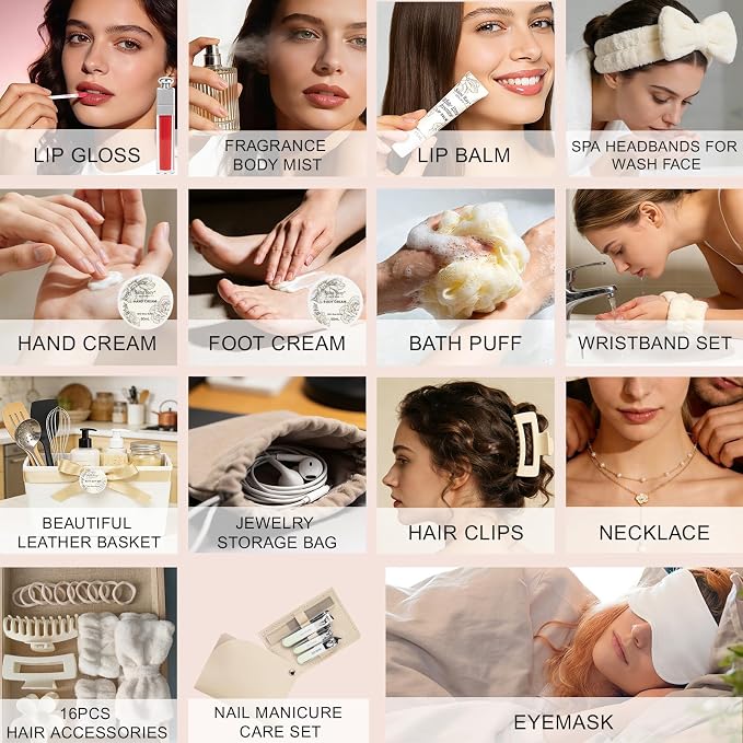 37Pcs Spa Gifts, WHITE ROSE JASMINE Bath & Body Gift Basket, Face Skin Kit | Home Spa Gift Set for Women, Self-Care Kit, Beauty Care Kit, Spa Bath Kit with Necklace, Birthday, Christmas, Anniversary