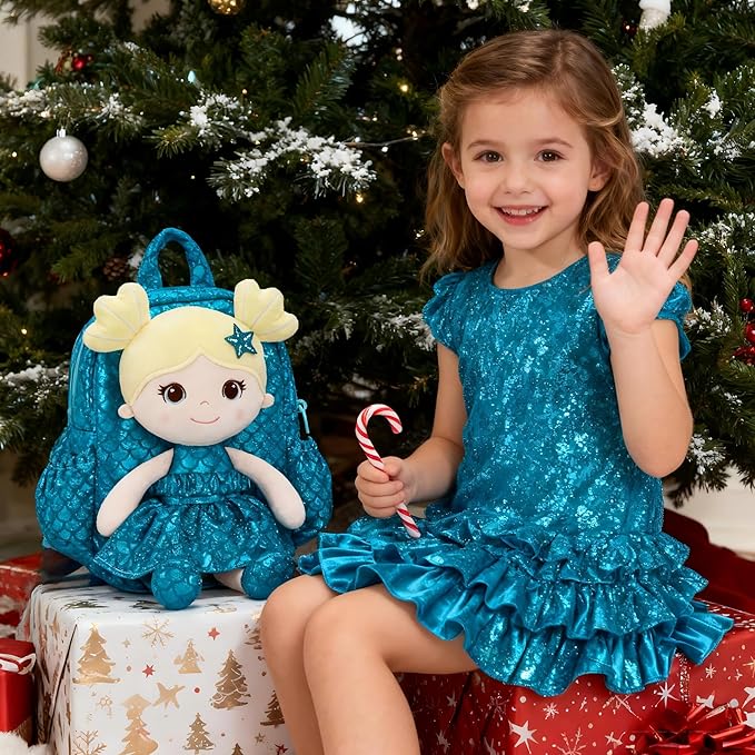 Lazada Toddler Backpack - Baby Girl Gifts Plush Doll Dress Backpack - Fashion Girls Tina Fish Scale Series - Blue 11Inches