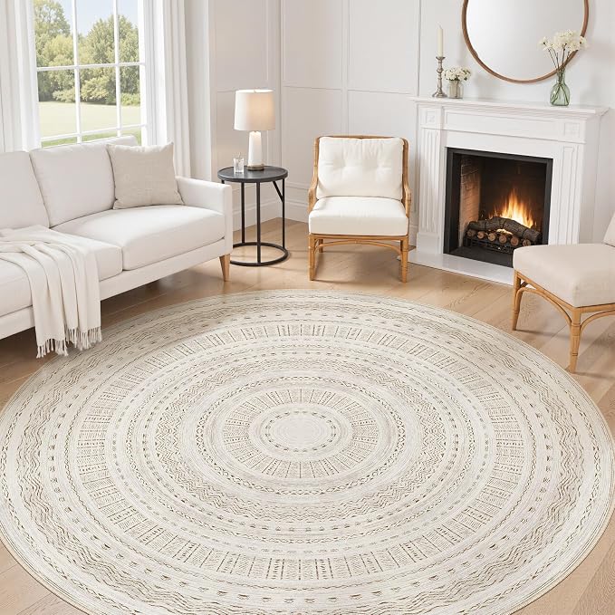 cotiled 8x8 Round Area Rugs Living Room Rug: Washable Boho Rugs with Non Slip Backing Large Soft Indoor Stain Resistant Carpet for Bedroom Farmhouse Dining Room Lightweight Home Decor Brown/Cream