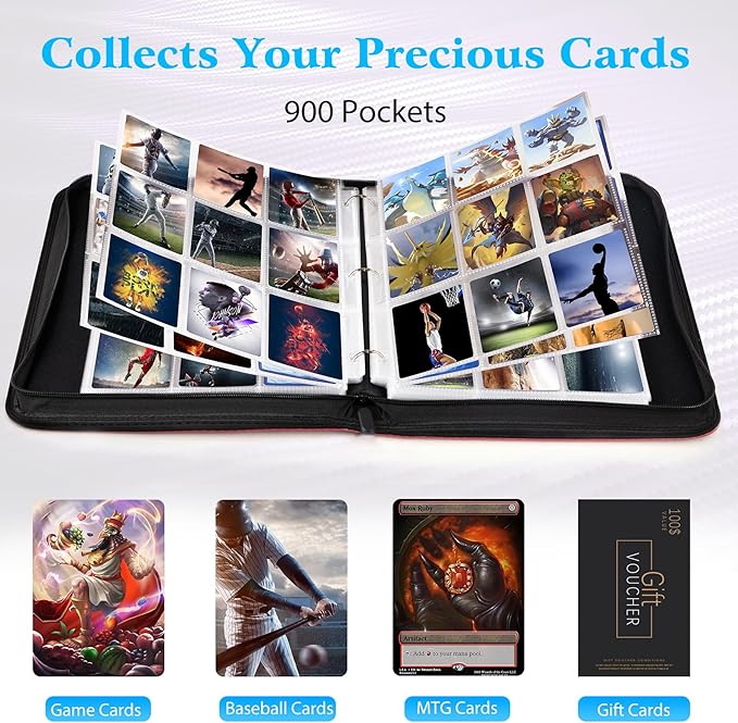 WOT I Trading Card Binder, 900 Pockets Baseball Card Binder Sleeves with Zipper, Double Sided Pockets Card Holder Carry Card Case for Baseball Card, Football Card(Red) WO-CB-9-7