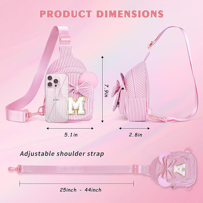 Birthday Gifts for Girls, Sling Bags for Girl Kid Travel, Birthday Gifts for 2 3 4 5 6 7 Year Old Girls Small Initial Pink Cross Fanny Packs Sling Bag for Daughter Gift (Pink T)