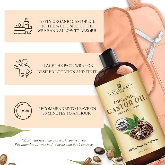 Handcraft Blends Castor Oil Pack Wrap | Organic Castor Oil 16 oz | Reusable Wraps | Roll on Bottle | Durable Comfortable Pack Wraps | Adjustable Elastic Straps| Neck and Stomach