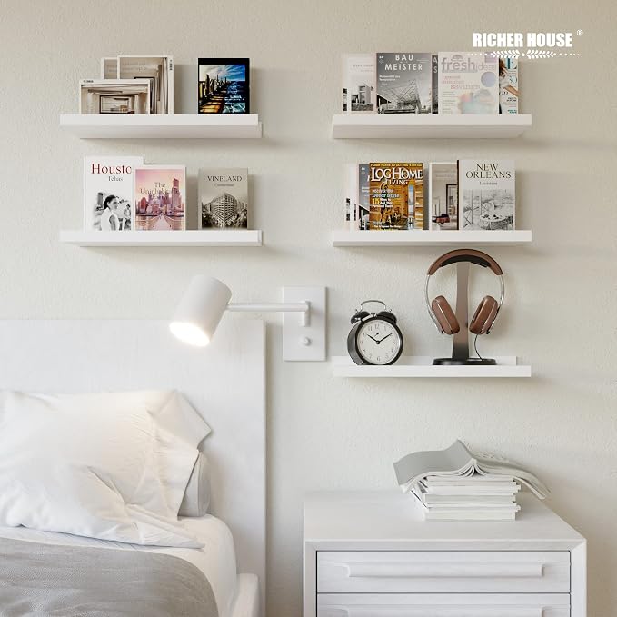 RICHER HOUSE 5-Set Floating Shelves with Lip, White Wall Mounted Wood Shelf | Display Picture Ledge Shelf, Anti-drop lip Shelf for Room Wall Decor, Bedroom Bathroom Storage Nursery Books, Easy Setup 16in