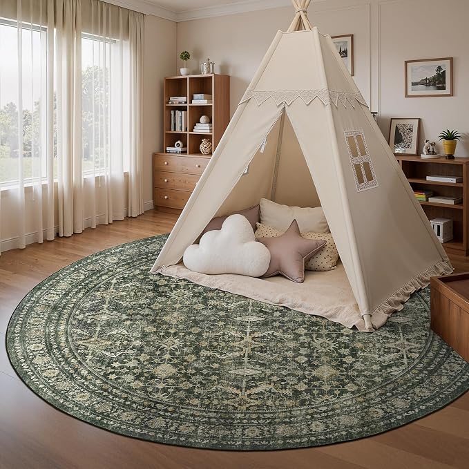 8ft Area Rugs for Living Room Bedroom, Green Washable Non-Slip Carpet | Soft Boho Area Rug for Dining Room Home Office Indoor Nursery, Stain Resistant, Low Pile, Foldable Vintage Distressed Rug