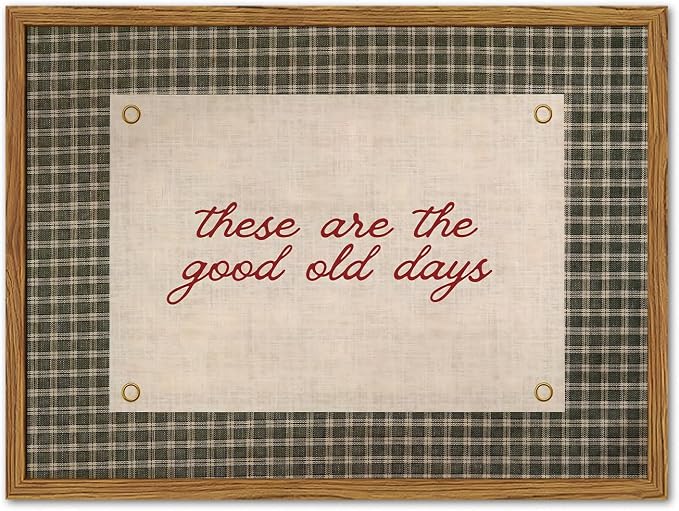 Framed These Are The Good Old Days Wall Art, Vintage Family Inspirational Quote Pictures Wall Decor, Retro Green Gingham Paintings Prints Motivational Home Decor for Living Room Bedroom 12x16 inch