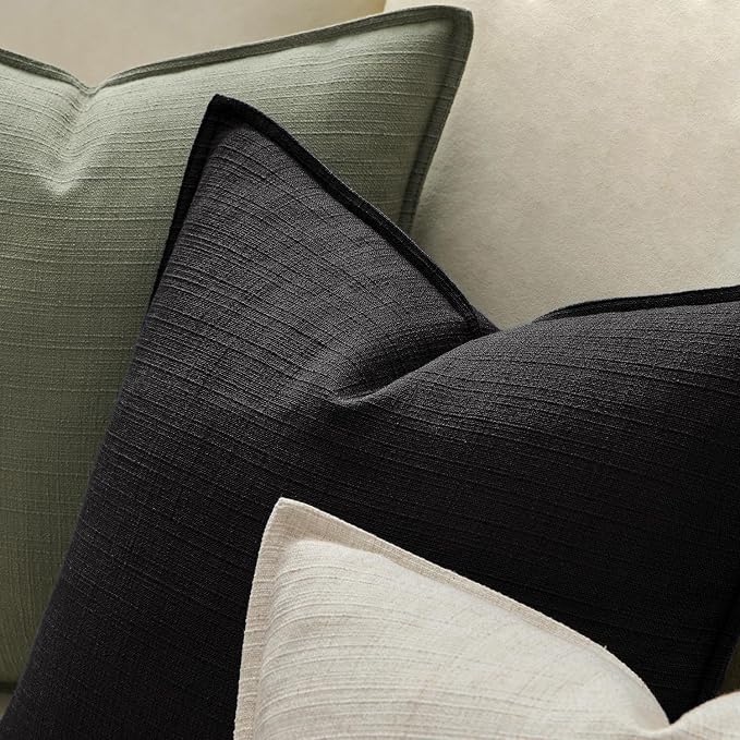 MIULEE Thick Textured Euro Sham Throw Pillow Covers 26x26 Inch Black | Set of 2, Decorative Linen Blend Pillow Cover, Flange Edge Design, Farmhouse Modern Boho Style, Bed Couch Living Room Decor