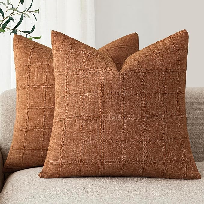 Foindtower Set of 2 Decorative Linen Check Throw Pillow Covers Neutral Farmhouse Vintage Cushion Covers Modern Boho Home Decor for Sofa Chair Couch Bedroom Living Room,16×16 Inch,Orange