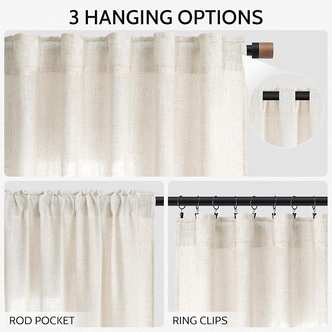 Modern Linen Curtains for Living Room 102 Inches Long Light Filtering Semi Sheer Curtain Back Tab Neutral Luxury Modern Farmhouse Decor Floor to Ceiling High Window for Bedroom 52x102, 2 Panels